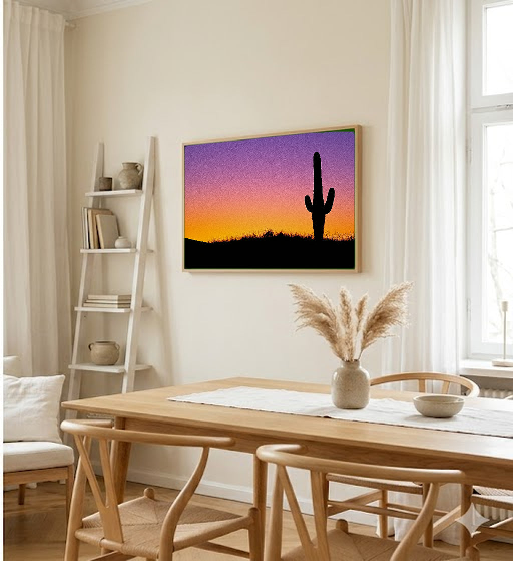 Saguaro Cactus Canvas Wall Art | Desert Sunset Silhouette Print, Southwest Decor, Stretched Canvas — saguaro-cactus-sunset-gradient-dining-room-wall-art.jpg