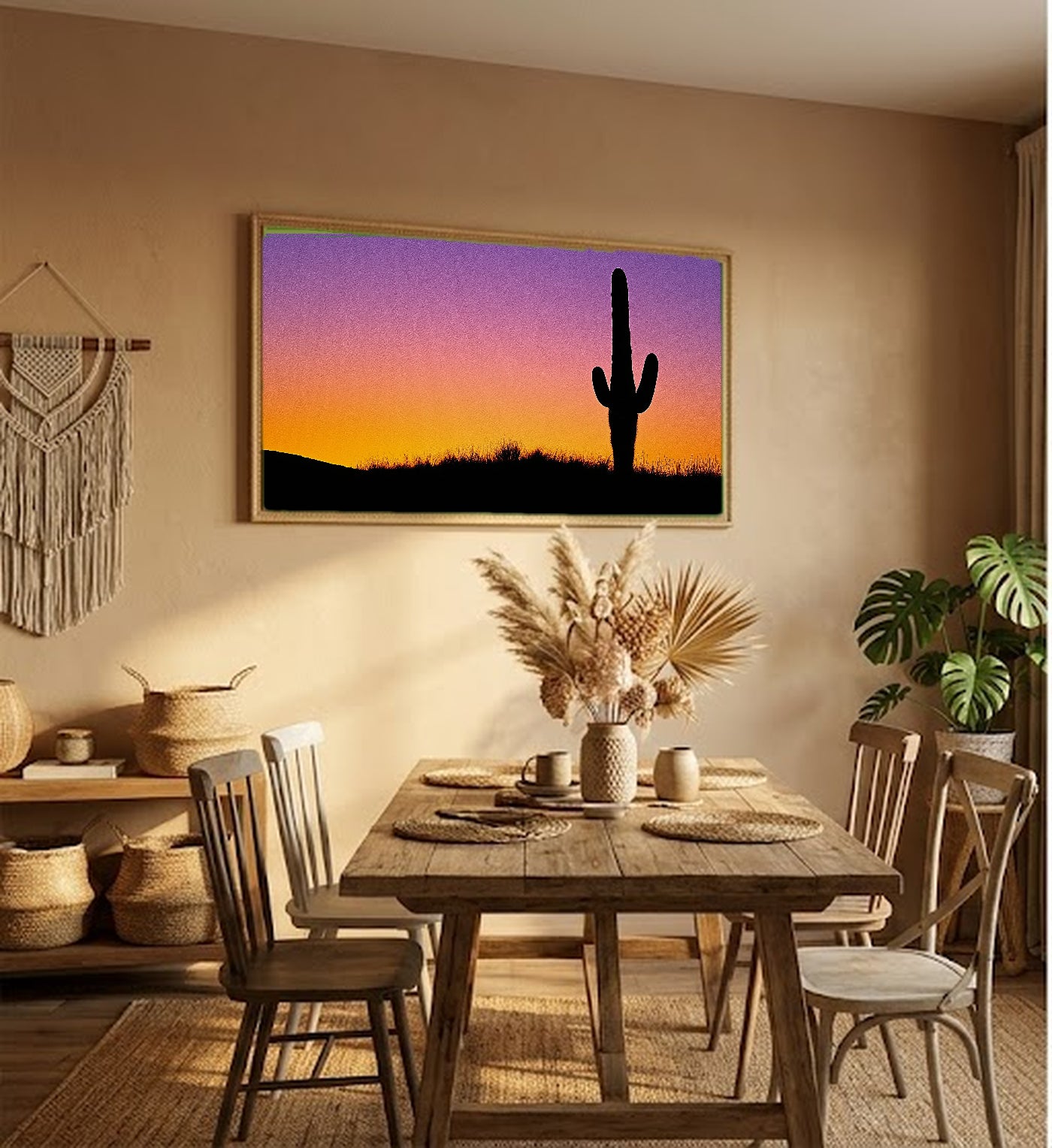 Saguaro Cactus Canvas Wall Art | Desert Sunset Silhouette Print, Southwest Decor, Stretched Canvas — saguaro-cactus-sunset-gradient-hallway-wall-art.jpg