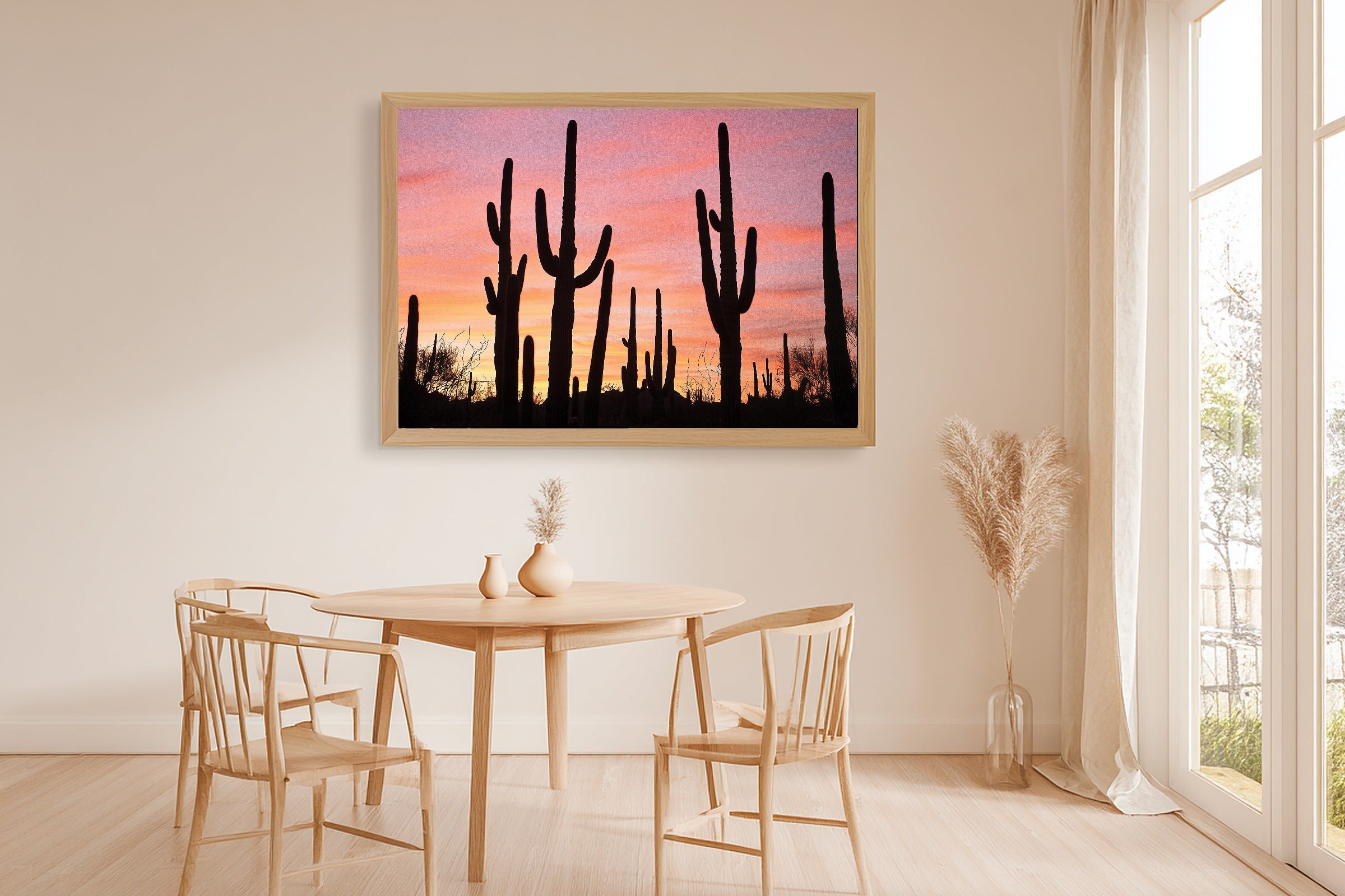 Warm Gallery Saguaro Desert Sunset Art Print — Dreamy Decor for the Living Room, Stretched Canvas the Art Lover in Your Life Will Love — saguaro-desert-sunset-dining-room-wall-art.jpg