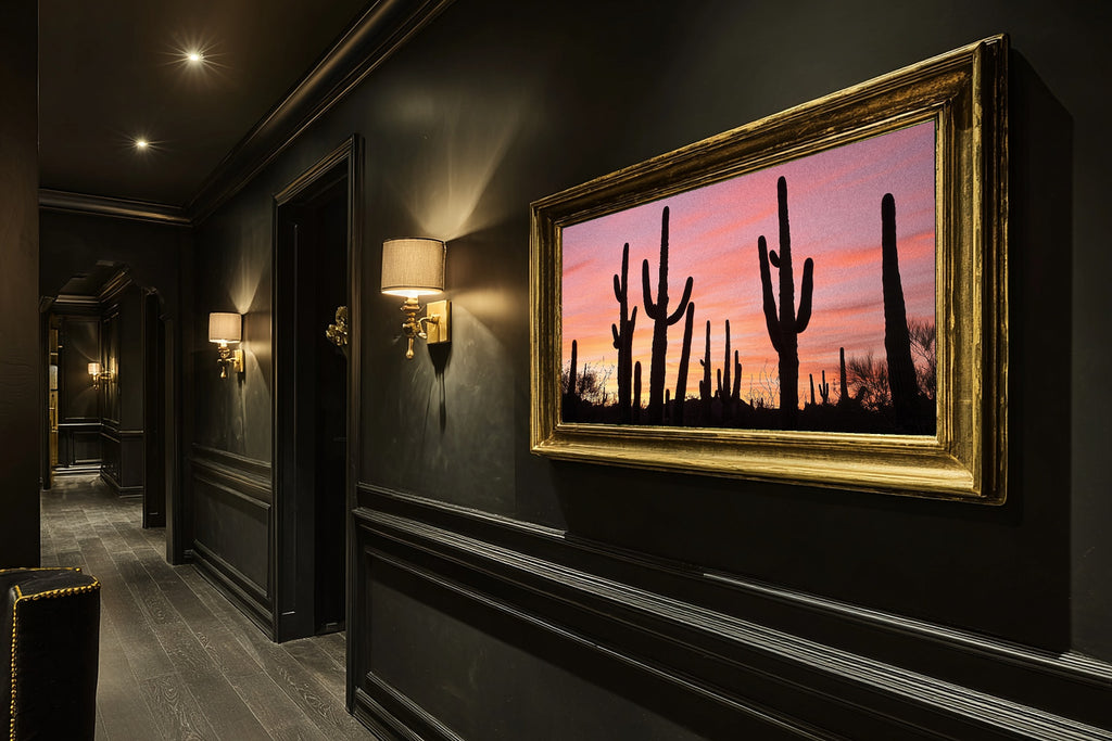 Warm Gallery Saguaro Desert Sunset Art Print — Dreamy Decor for the Living Room, Stretched Canvas the Art Lover in Your Life Will Love — saguaro-desert-sunset-hallway-wall-art.jpg