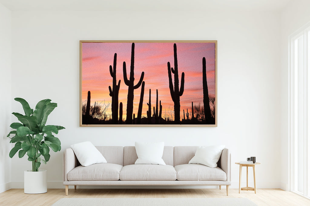 Warm Gallery Saguaro Desert Sunset Art Print — Dreamy Decor for the Living Room, Stretched Canvas the Art Lover in Your Life Will Love — saguaro-desert-sunset-living-room-wall-art.jpg