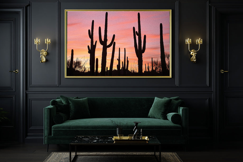 Warm Gallery Saguaro Desert Sunset Art Print — Dreamy Decor for the Living Room, Stretched Canvas the Art Lover in Your Life Will Love — saguaro-desert-sunset-office-wall-art.jpg