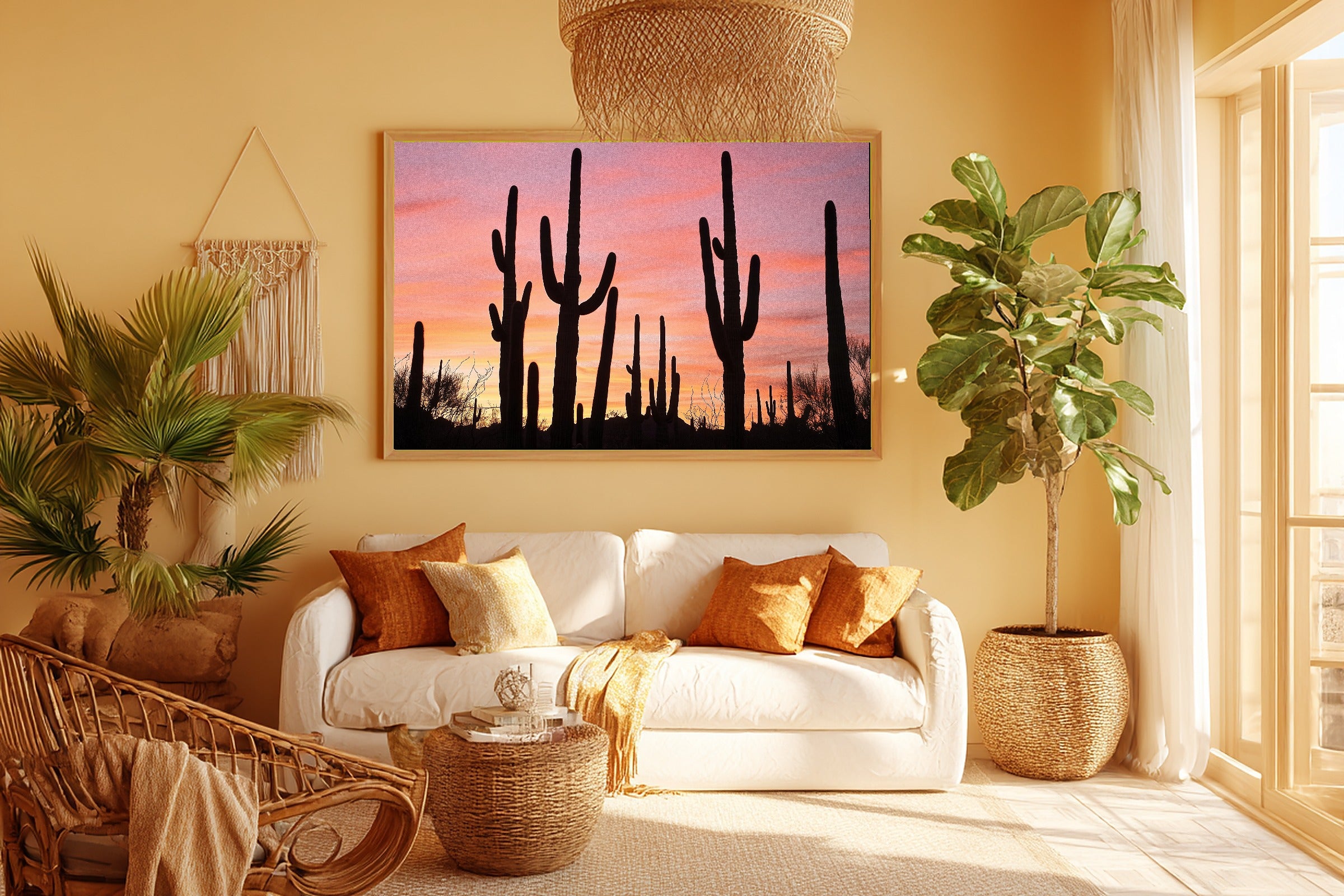 Warm Gallery Saguaro Desert Sunset Art Print — Dreamy Decor for the Living Room, Stretched Canvas the Art Lover in Your Life Will Love — saguaro-desert-sunset-room-5-wall-art.jpg