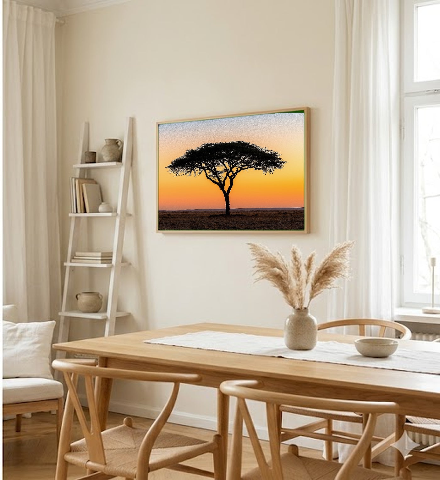 Sahel Acacia Canvas Wall Art | Ochre Sunset Silhouette Print, African Savanna Decor, Stretched Canvas — sahel-acacia-tree-ochre-sunset-dining-room-wall-art.jpg