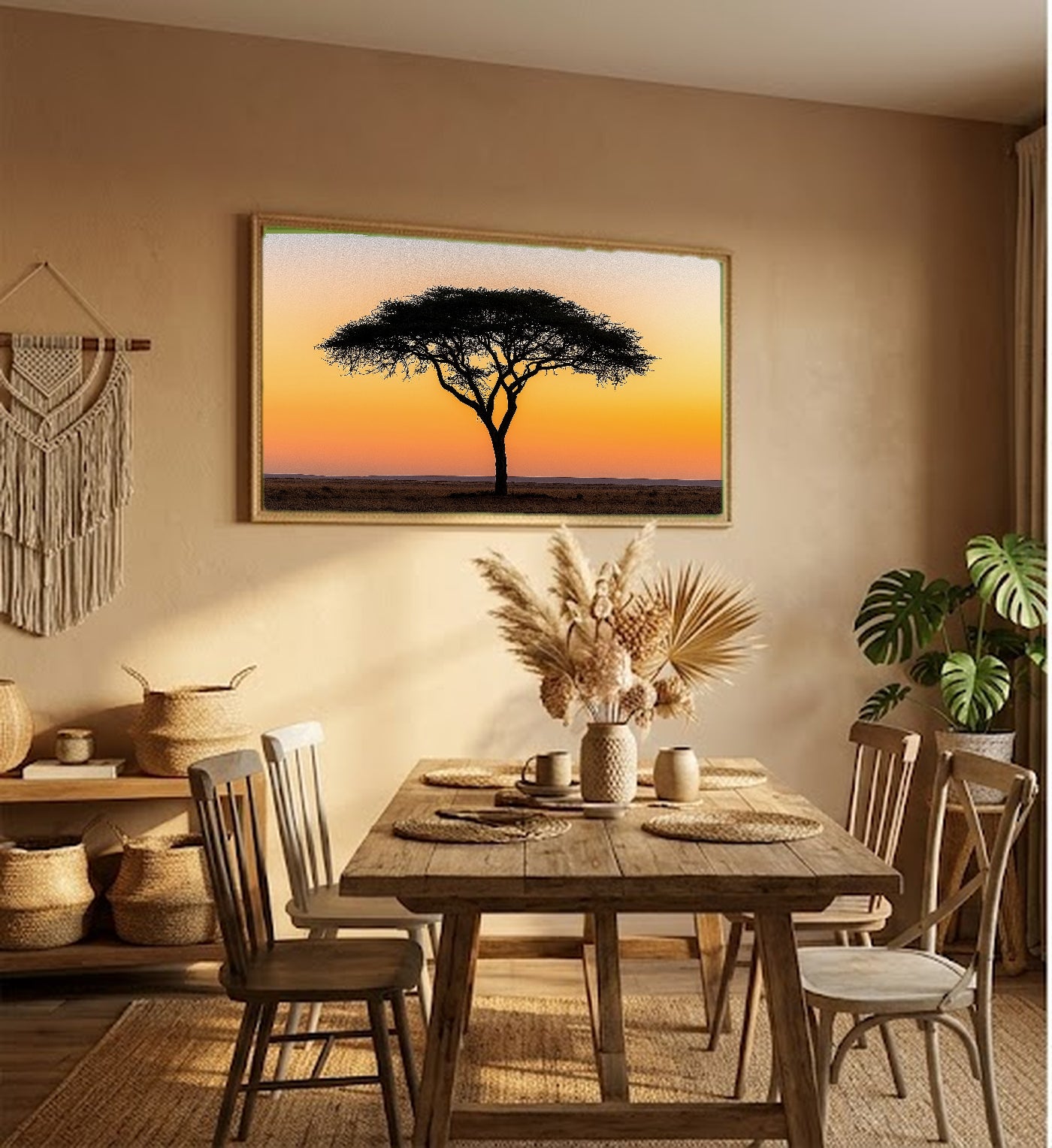 Sahel Acacia Canvas Wall Art | Ochre Sunset Silhouette Print, African Savanna Decor, Stretched Canvas — sahel-acacia-tree-ochre-sunset-hallway-wall-art.jpg