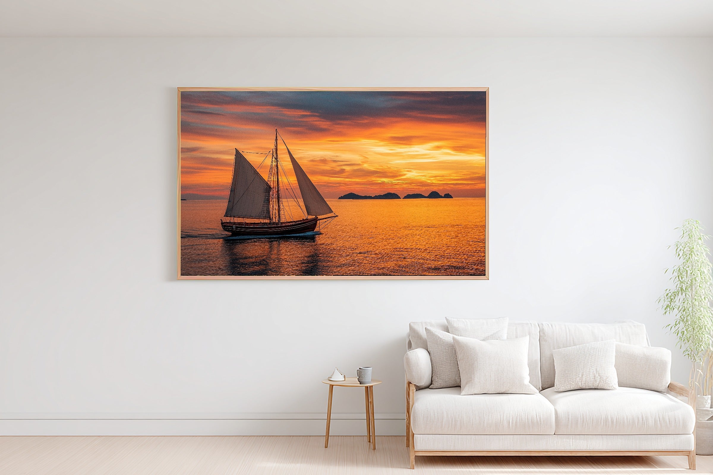 Sailboat Sunset Classic Print on Stretched Canvas — Dreamy Warm Island for the Sunroom, Gift for the Island-Loving Friend — sailboat-sunset-classic-bedroom-wall-art.jpg