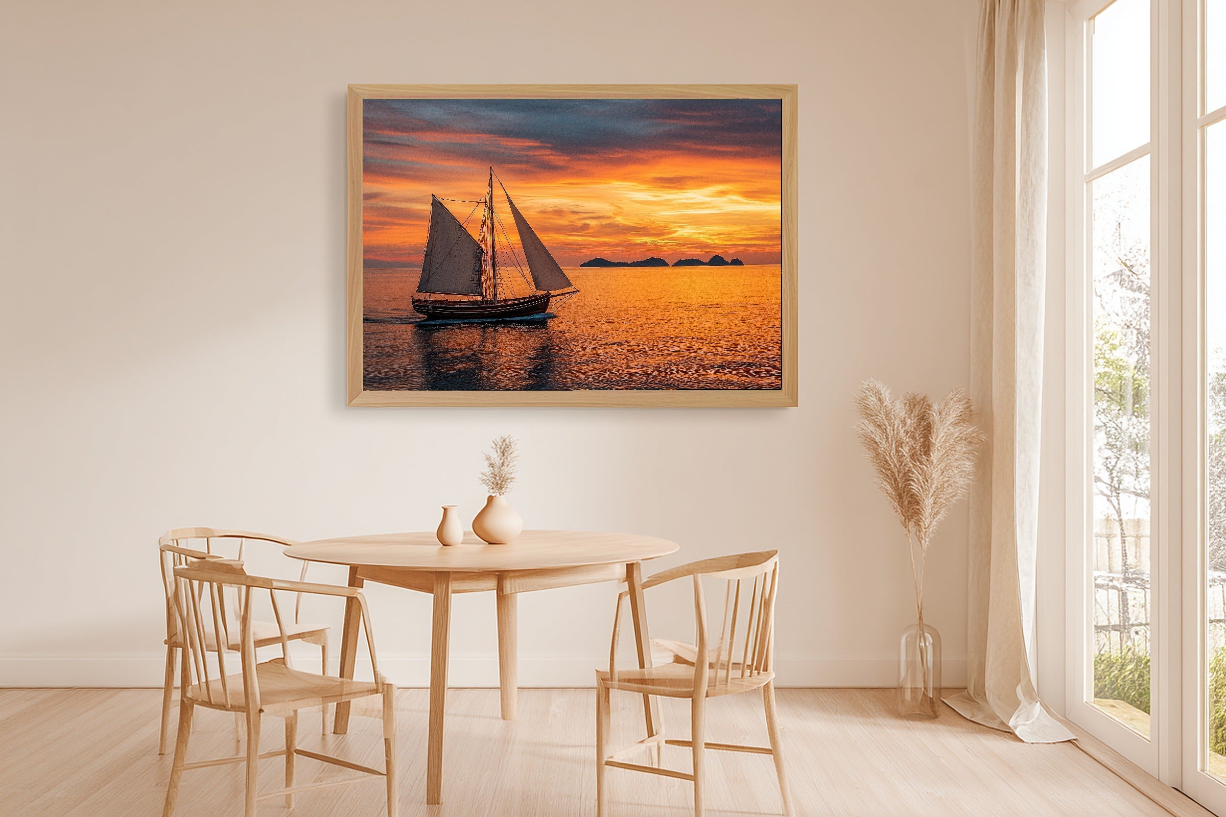 Sailboat Sunset Classic Print on Stretched Canvas — Dreamy Warm Island for the Sunroom, Gift for the Island-Loving Friend — sailboat-sunset-classic-dining-room-wall-art.jpg