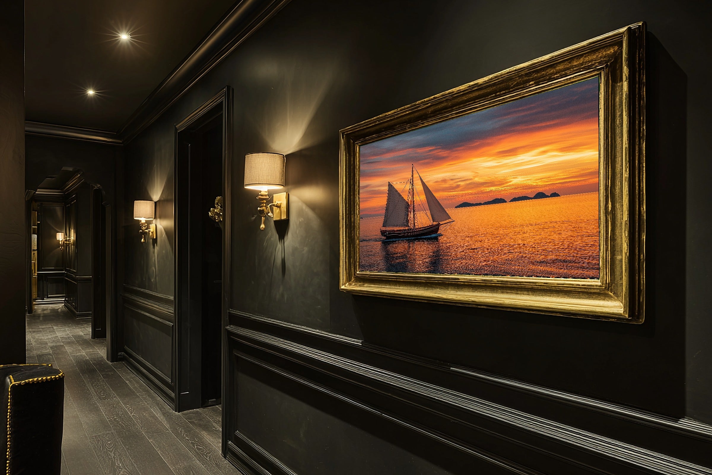 Sailboat Sunset Classic Print on Stretched Canvas — Dreamy Warm Island for the Sunroom, Gift for the Island-Loving Friend — sailboat-sunset-classic-hallway-wall-art.jpg
