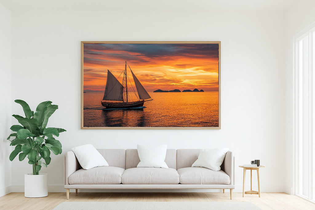 Sailboat Sunset Classic Print on Stretched Canvas — Dreamy Warm Island for the Sunroom, Gift for the Island-Loving Friend — sailboat-sunset-classic-living-room-wall-art.jpg