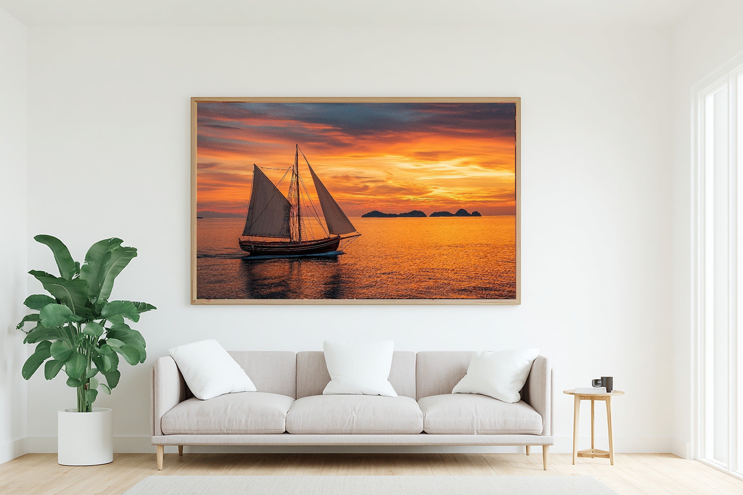 Sailboat Sunset Classic Print on Stretched Canvas — Dreamy Warm Island for the Sunroom, Gift for the Island-Loving Friend — sailboat-sunset-classic-living-room-wall-art.jpg