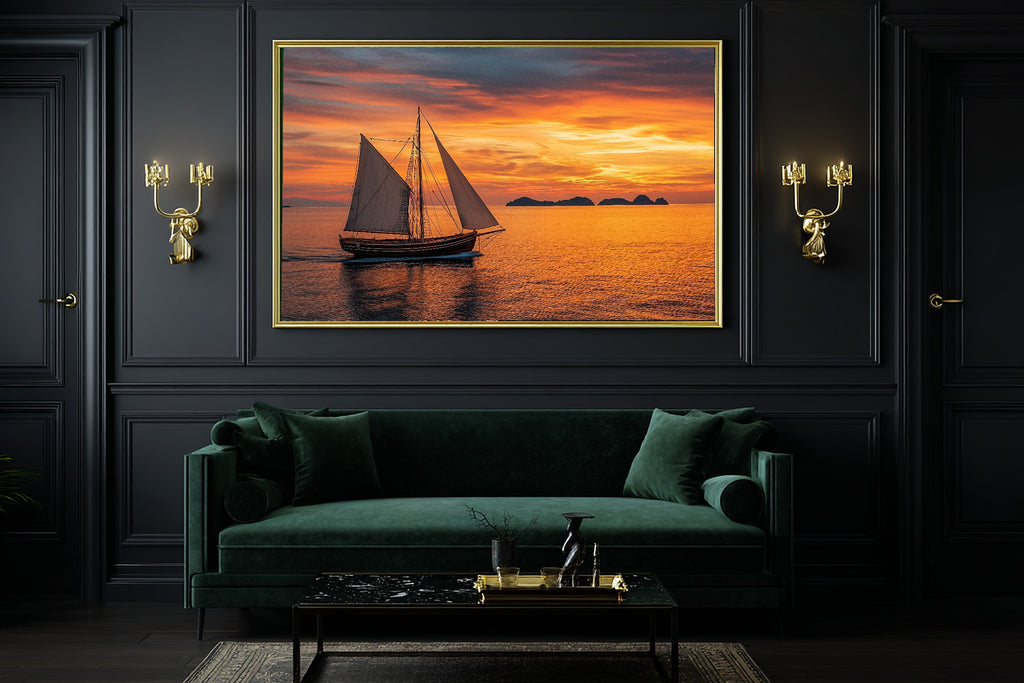 Sailboat Sunset Classic Print on Stretched Canvas — Dreamy Warm Island for the Sunroom, Gift for the Island-Loving Friend — sailboat-sunset-classic-office-wall-art.jpg