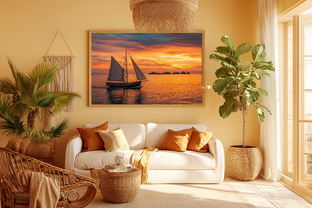 Sailboat Sunset Classic Print on Stretched Canvas — Dreamy Warm Island for the Sunroom, Gift for the Island-Loving Friend — sailboat-sunset-classic-room-5-wall-art.jpg