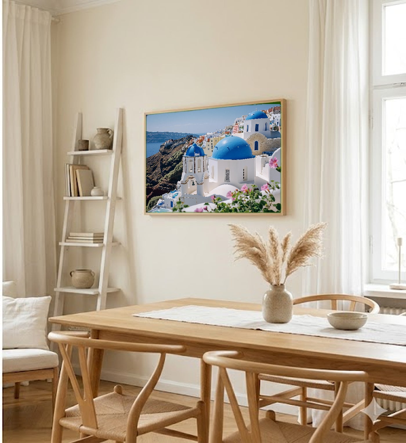 Santorini Blue Domes Canvas Wall Art | Greek Island Oia Print, Mediterranean Decor, Stretched Canvas — santorini-blue-domes-dining-room-wall-art.jpg