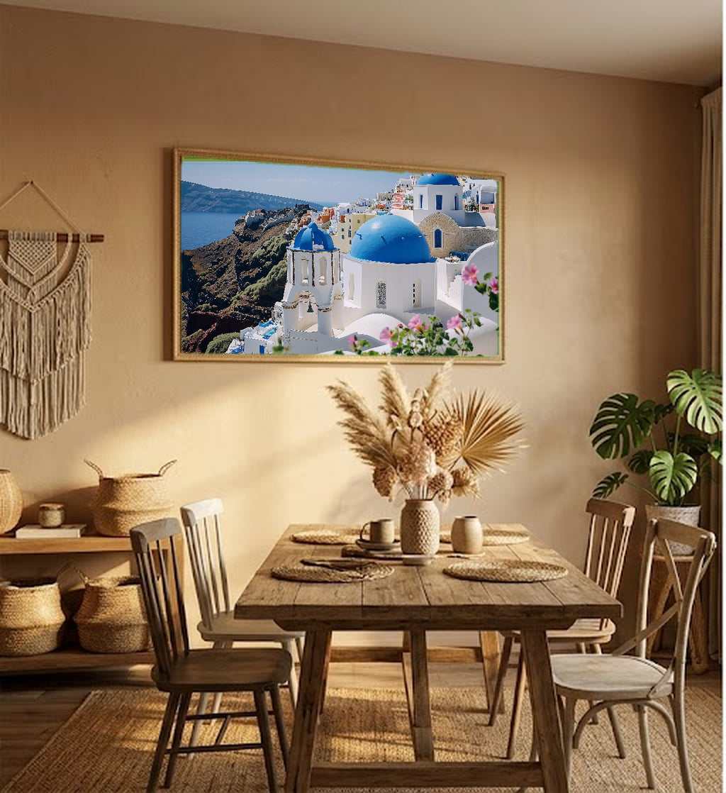 Santorini Blue Domes Canvas Wall Art | Greek Island Oia Print, Mediterranean Decor, Stretched Canvas — santorini-blue-domes-hallway-wall-art.jpg