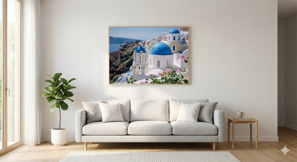 Santorini Blue Domes Canvas Wall Art | Greek Island Oia Print, Mediterranean Decor, Stretched Canvas — santorini-blue-domes-living-room-wall-art.jpg
