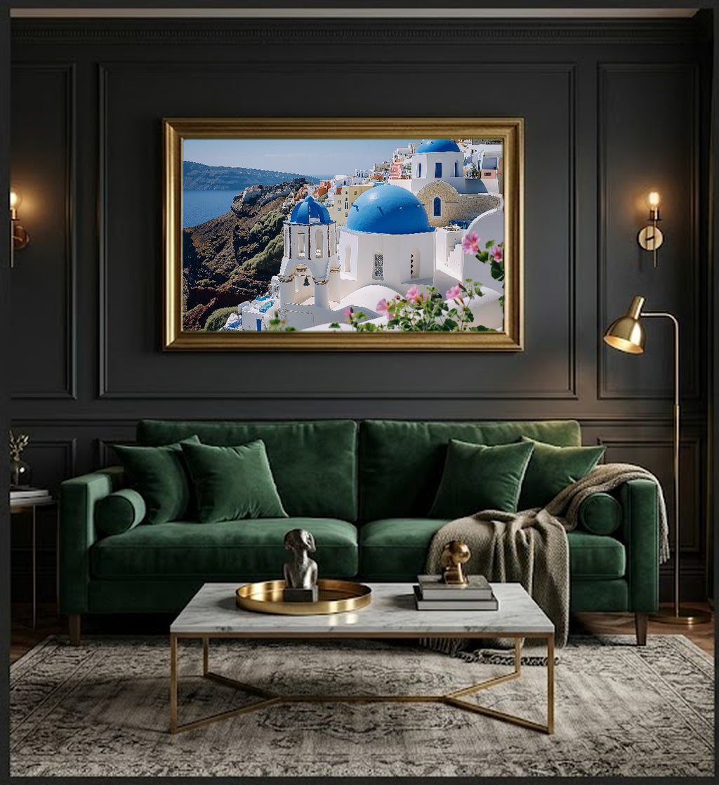 Santorini Blue Domes Canvas Wall Art | Greek Island Oia Print, Mediterranean Decor, Stretched Canvas — santorini-blue-domes-office-wall-art.jpg