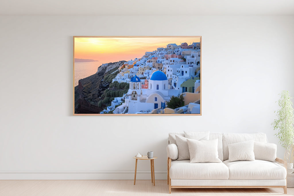 Santorini Sunset Blue Warm Island Wall Art — Soulful Print for the Sunroom, Stretched Canvas Gift for the Island-Loving Friend — santorini-sunset-blue-bedroom-wall-art.jpg
