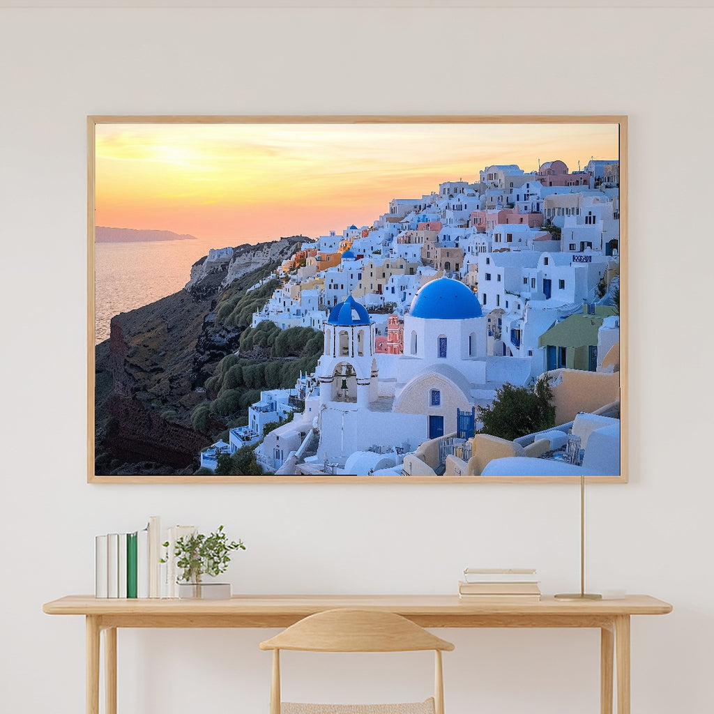 Santorini Sunset Blue Warm Island Wall Art — Soulful Print for the Sunroom, Stretched Canvas Gift for the Island-Loving Friend — santorini-sunset-blue-canvas-print.jpg