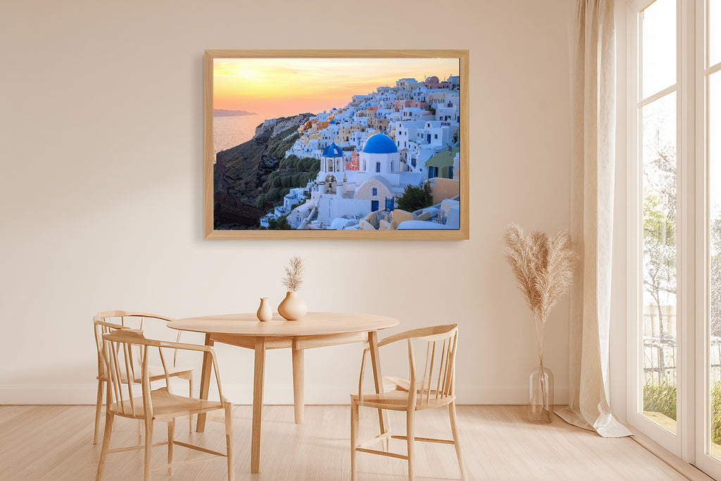 Santorini Sunset Blue Warm Island Wall Art — Soulful Print for the Sunroom, Stretched Canvas Gift for the Island-Loving Friend — santorini-sunset-blue-dining-room-wall-art.jpg