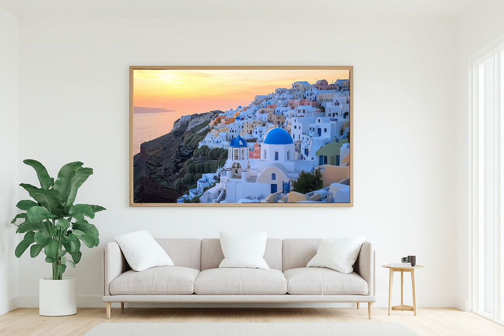 Santorini Sunset Blue Warm Island Wall Art — Soulful Print for the Sunroom, Stretched Canvas Gift for the Island-Loving Friend — santorini-sunset-blue-living-room-wall-art.jpg