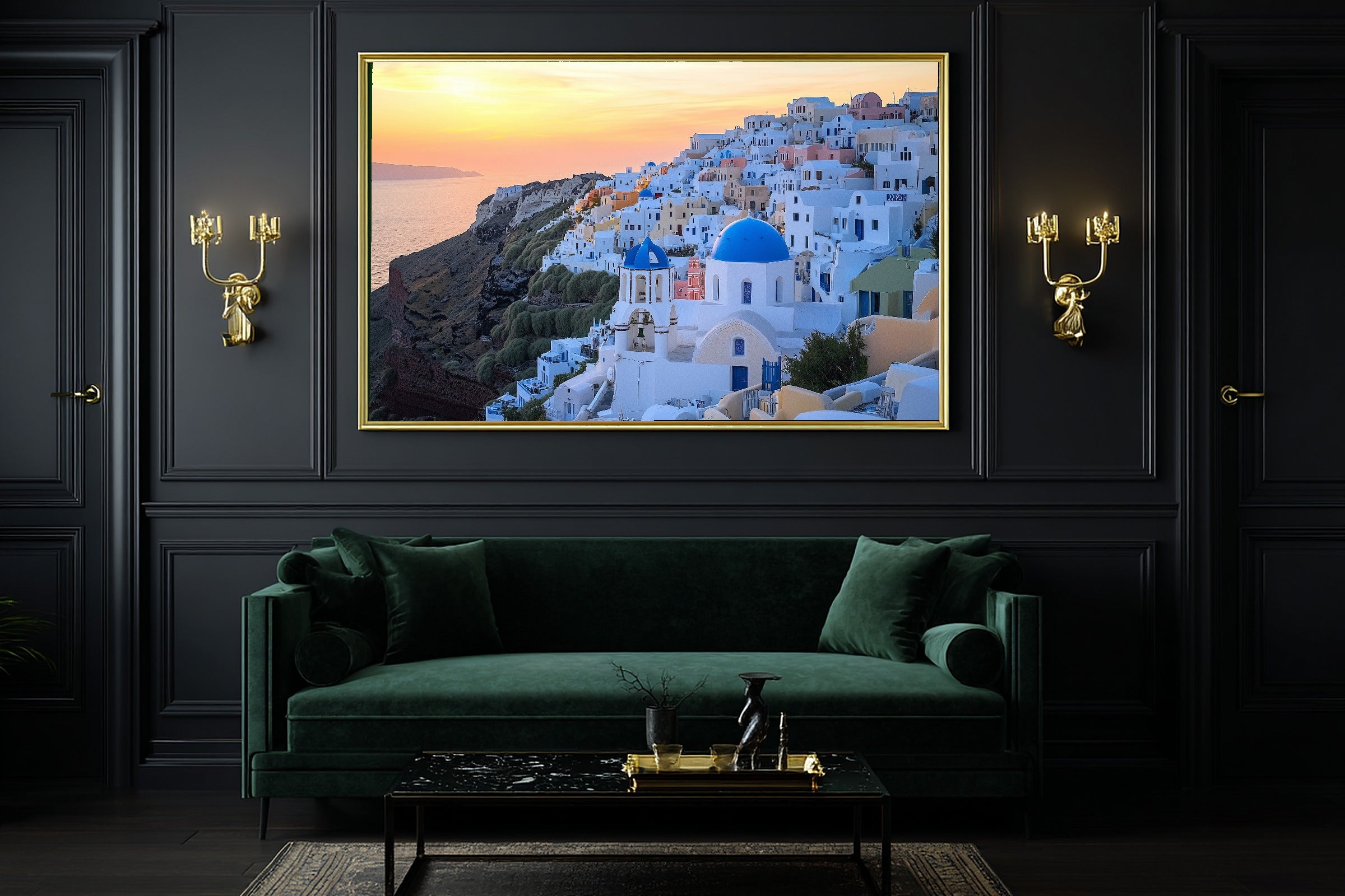 Santorini Sunset Blue Warm Island Wall Art — Soulful Print for the Sunroom, Stretched Canvas Gift for the Island-Loving Friend — santorini-sunset-blue-office-wall-art.jpg