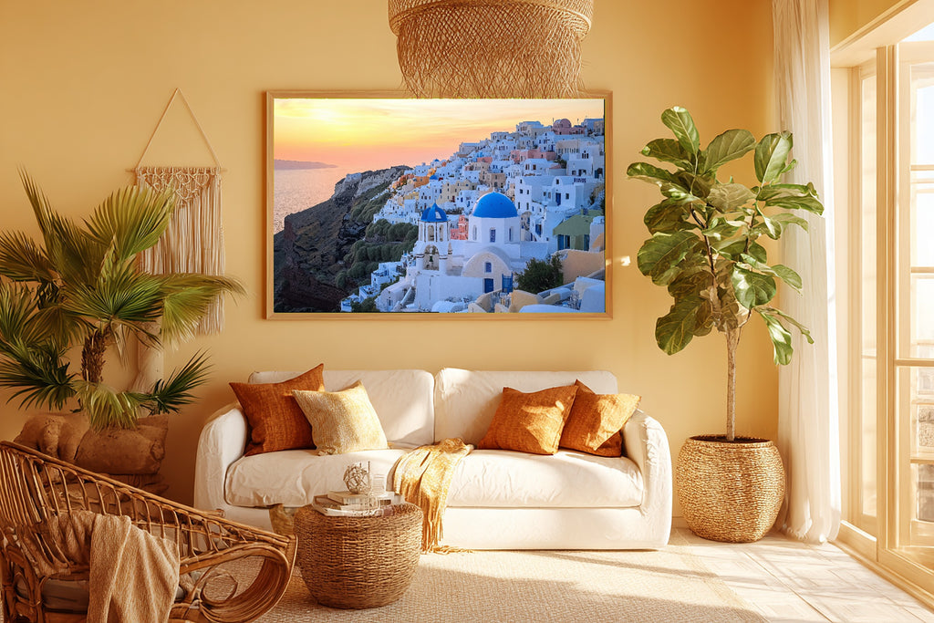 Santorini Sunset Blue Warm Island Wall Art — Soulful Print for the Sunroom, Stretched Canvas Gift for the Island-Loving Friend — santorini-sunset-blue-room-5-wall-art.jpg