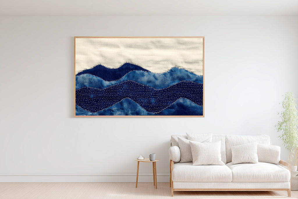 Sashiko Mountain Indigo Stretched Canvas Print, Cinematic Mountain Decor, Misty Dawn Tones Artwork, Christmas Gift for Nature Lovers — sashiko-mountain-indigo-bedroom-wall-art.jpg
