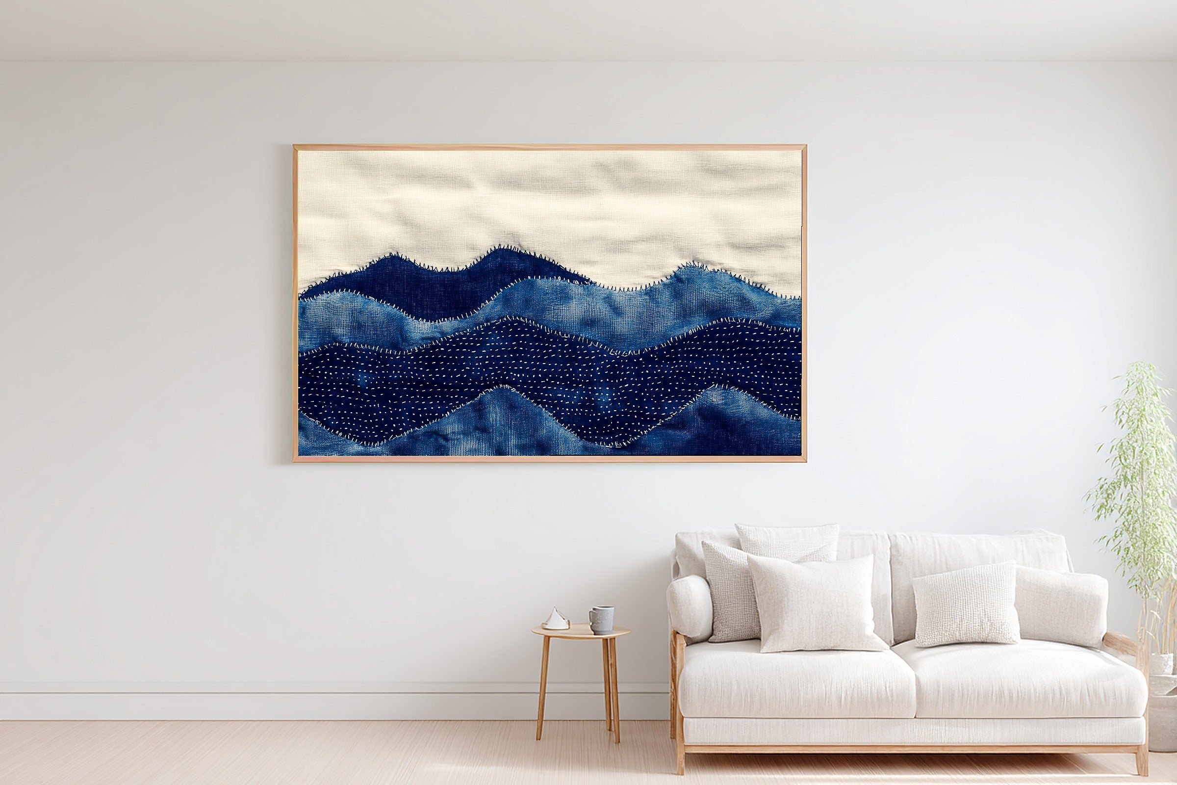 Sashiko Mountain Indigo Stretched Canvas Print, Cinematic Mountain Decor, Misty Dawn Tones Artwork, Christmas Gift for Nature Lovers — sashiko-mountain-indigo-bedroom-wall-art.jpg