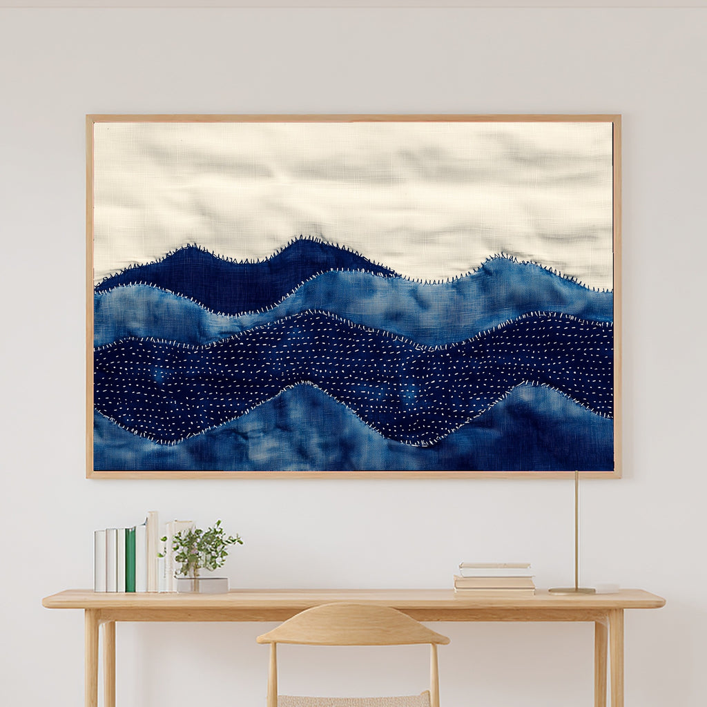 Sashiko Mountain Indigo Stretched Canvas Print, Cinematic Mountain Decor, Misty Dawn Tones Artwork, Christmas Gift for Nature Lovers — sashiko-mountain-indigo-canvas-print.jpg