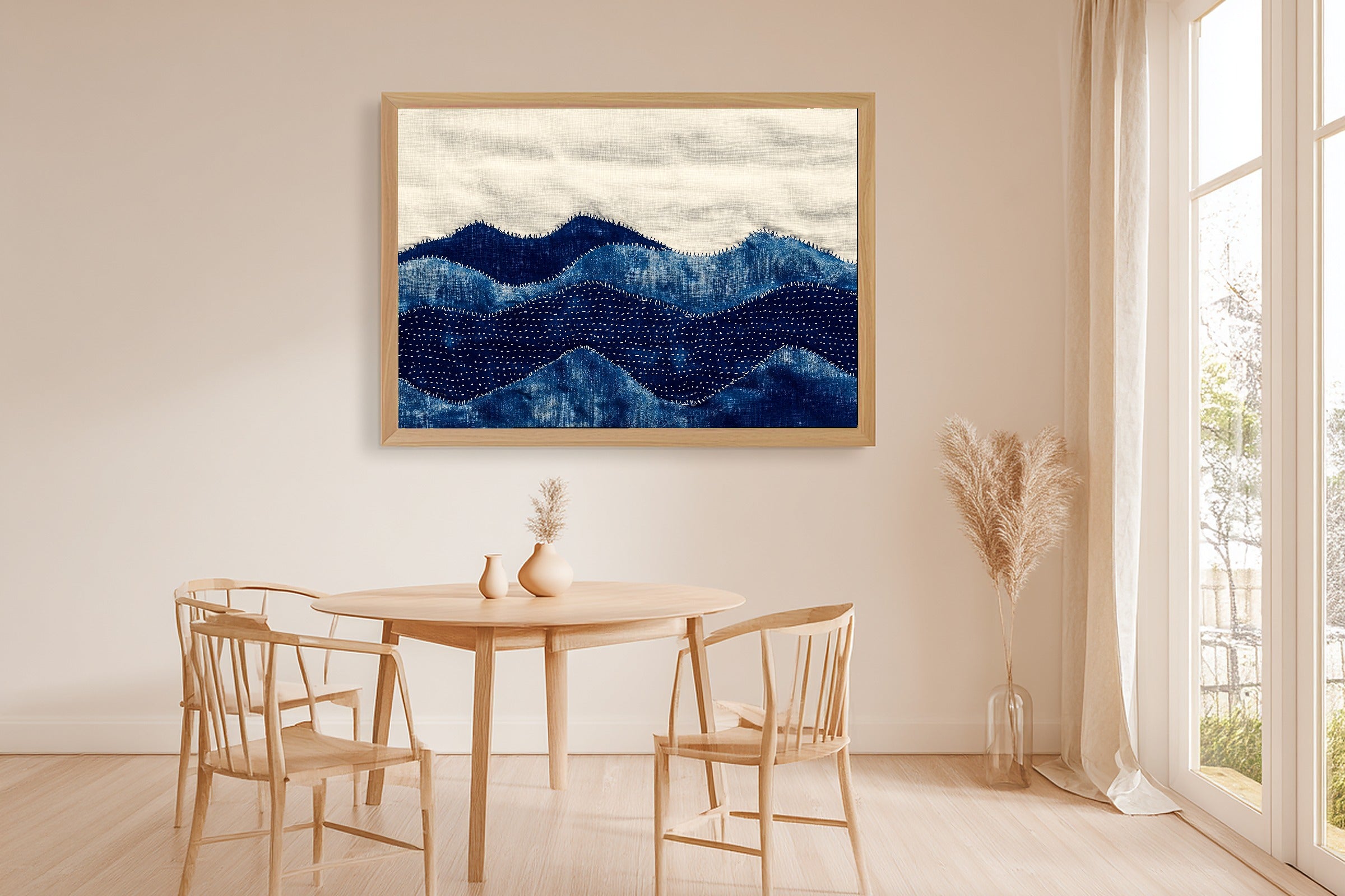 Sashiko Mountain Indigo Stretched Canvas Print, Cinematic Mountain Decor, Misty Dawn Tones Artwork, Christmas Gift for Nature Lovers — sashiko-mountain-indigo-dining-room-wall-art.jpg
