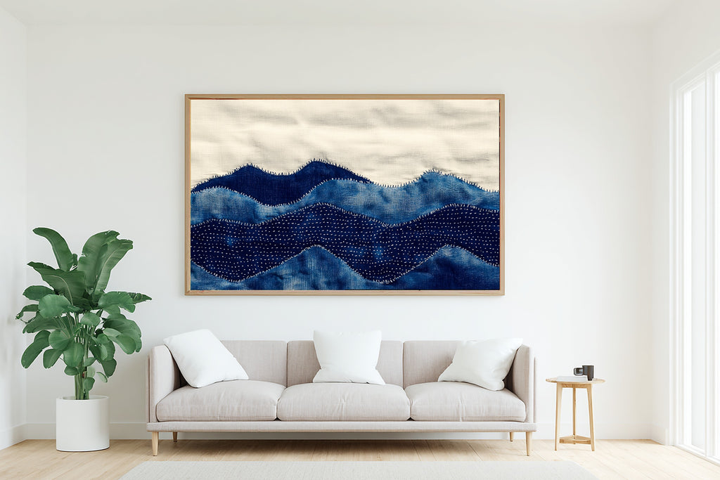 Sashiko Mountain Indigo Stretched Canvas Print, Cinematic Mountain Decor, Misty Dawn Tones Artwork, Christmas Gift for Nature Lovers — sashiko-mountain-indigo-living-room-wall-art.jpg