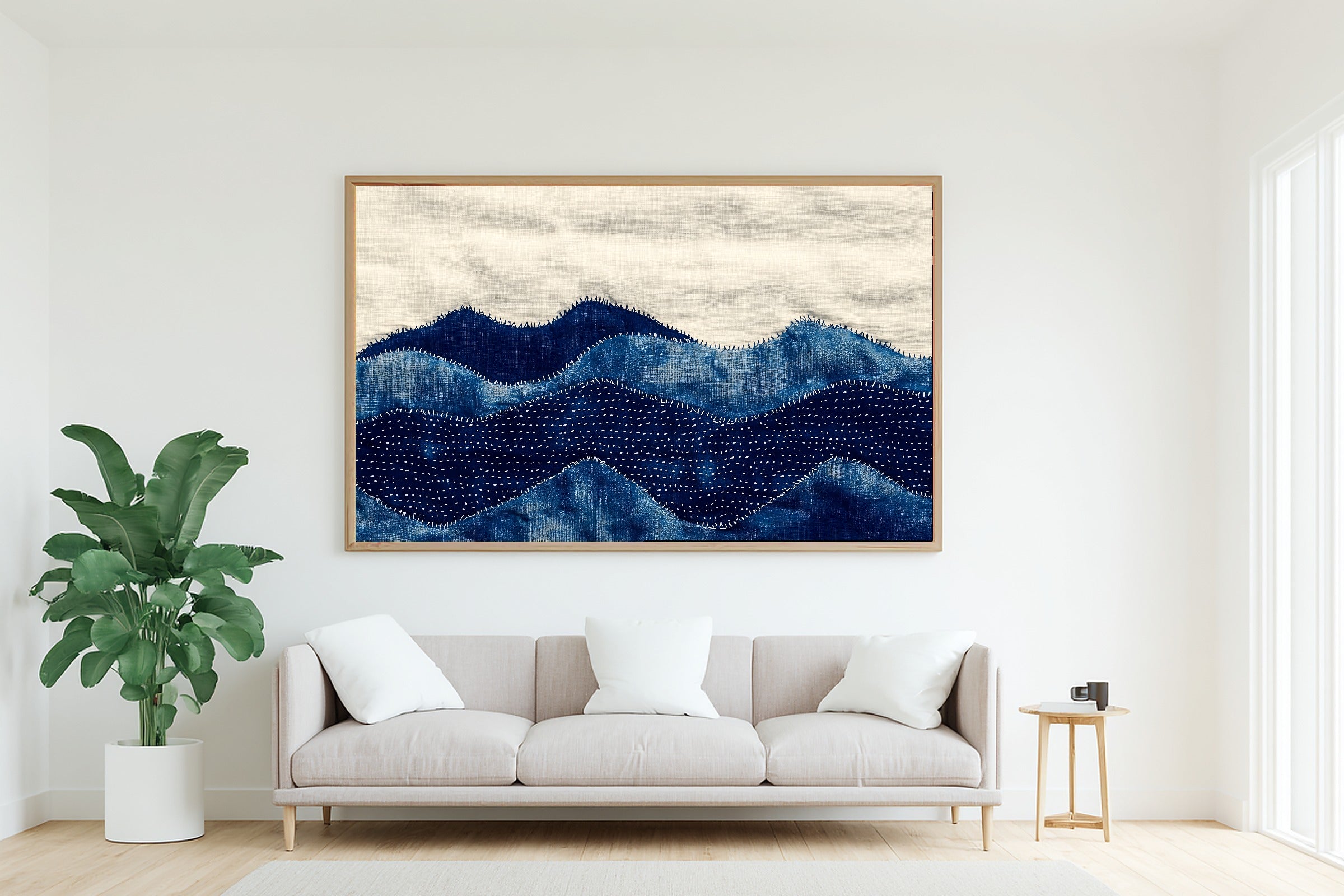 Sashiko Mountain Indigo Stretched Canvas Print, Cinematic Mountain Decor, Misty Dawn Tones Artwork, Christmas Gift for Nature Lovers — sashiko-mountain-indigo-living-room-wall-art.jpg