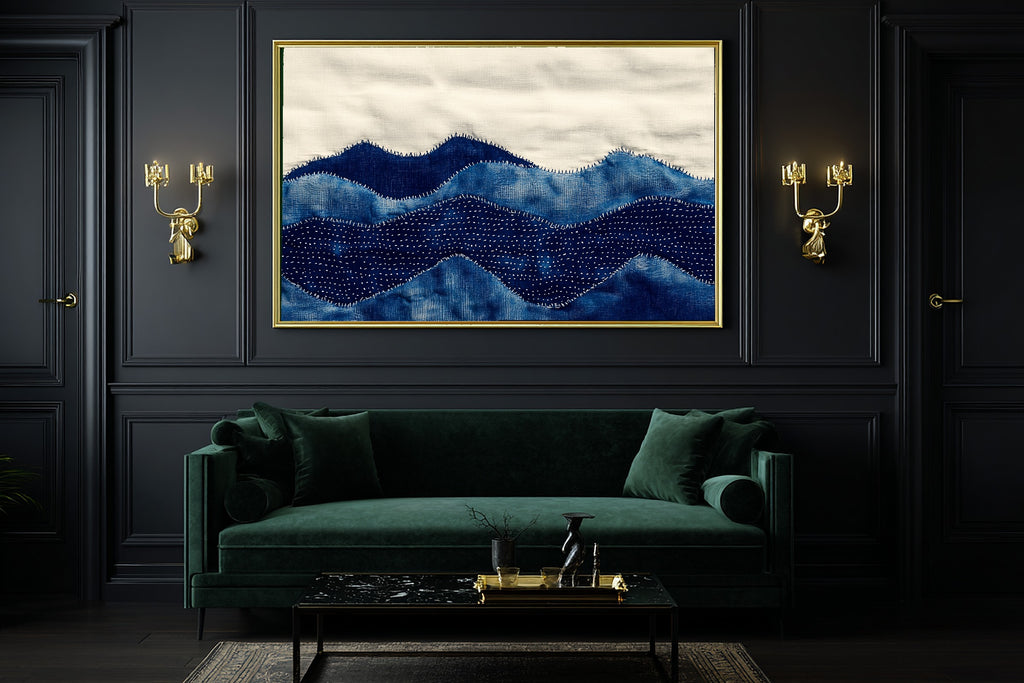 Sashiko Mountain Indigo Stretched Canvas Print, Cinematic Mountain Decor, Misty Dawn Tones Artwork, Christmas Gift for Nature Lovers — sashiko-mountain-indigo-office-wall-art.jpg