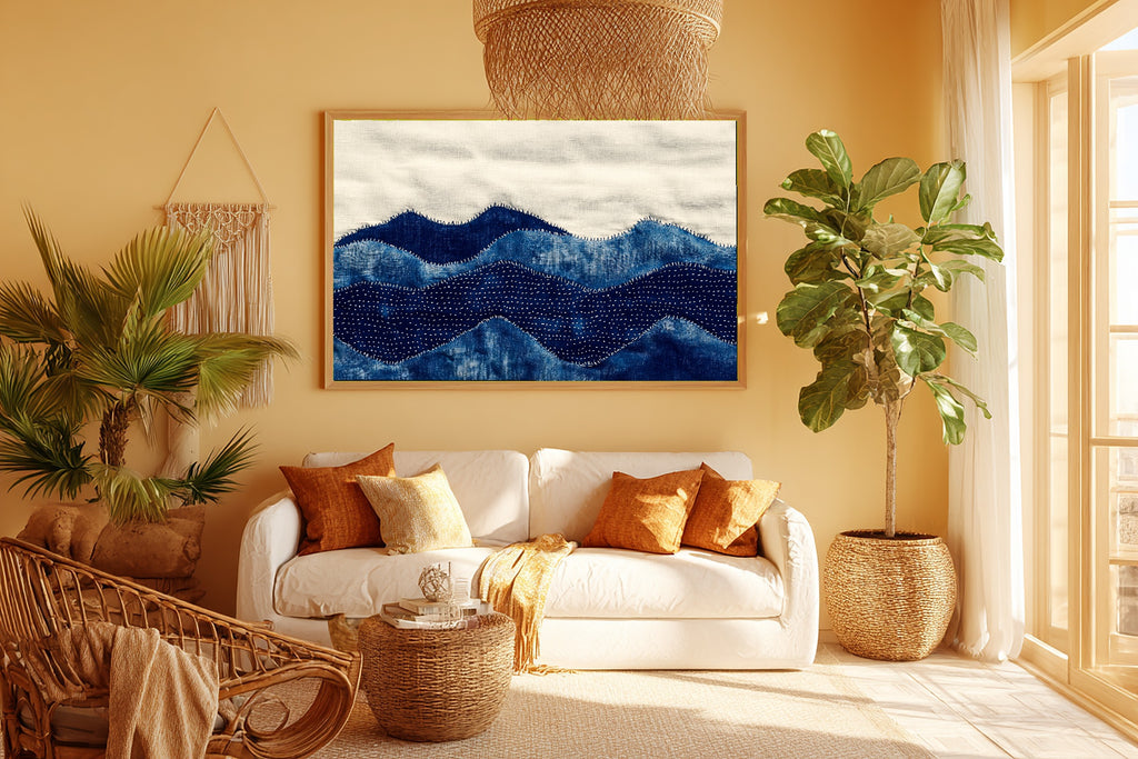 Sashiko Mountain Indigo Stretched Canvas Print, Cinematic Mountain Decor, Misty Dawn Tones Artwork, Christmas Gift for Nature Lovers — sashiko-mountain-indigo-room-5-wall-art.jpg