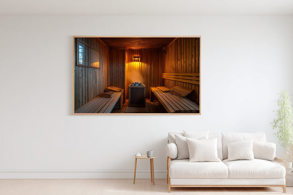 Cozy Studio Sauna Interior Warm Cedar Art Print — Timeless Decor for the Living Room, Stretched Canvas the Art Lover in Your Life Will Love — sauna-interior-warm-cedar-bedroom-wall-art.jpg