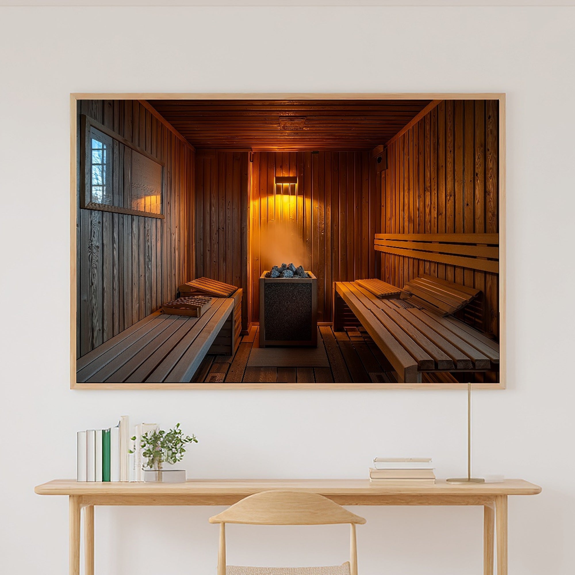 Cozy Studio Sauna Interior Warm Cedar Art Print — Timeless Decor for the Living Room, Stretched Canvas the Art Lover in Your Life Will Love — sauna-interior-warm-cedar-canvas-print.jpg