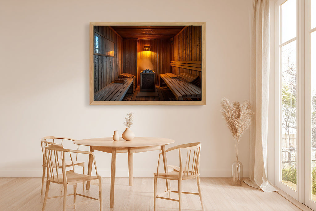 Cozy Studio Sauna Interior Warm Cedar Art Print — Timeless Decor for the Living Room, Stretched Canvas the Art Lover in Your Life Will Love — sauna-interior-warm-cedar-dining-room-wall-art.jpg