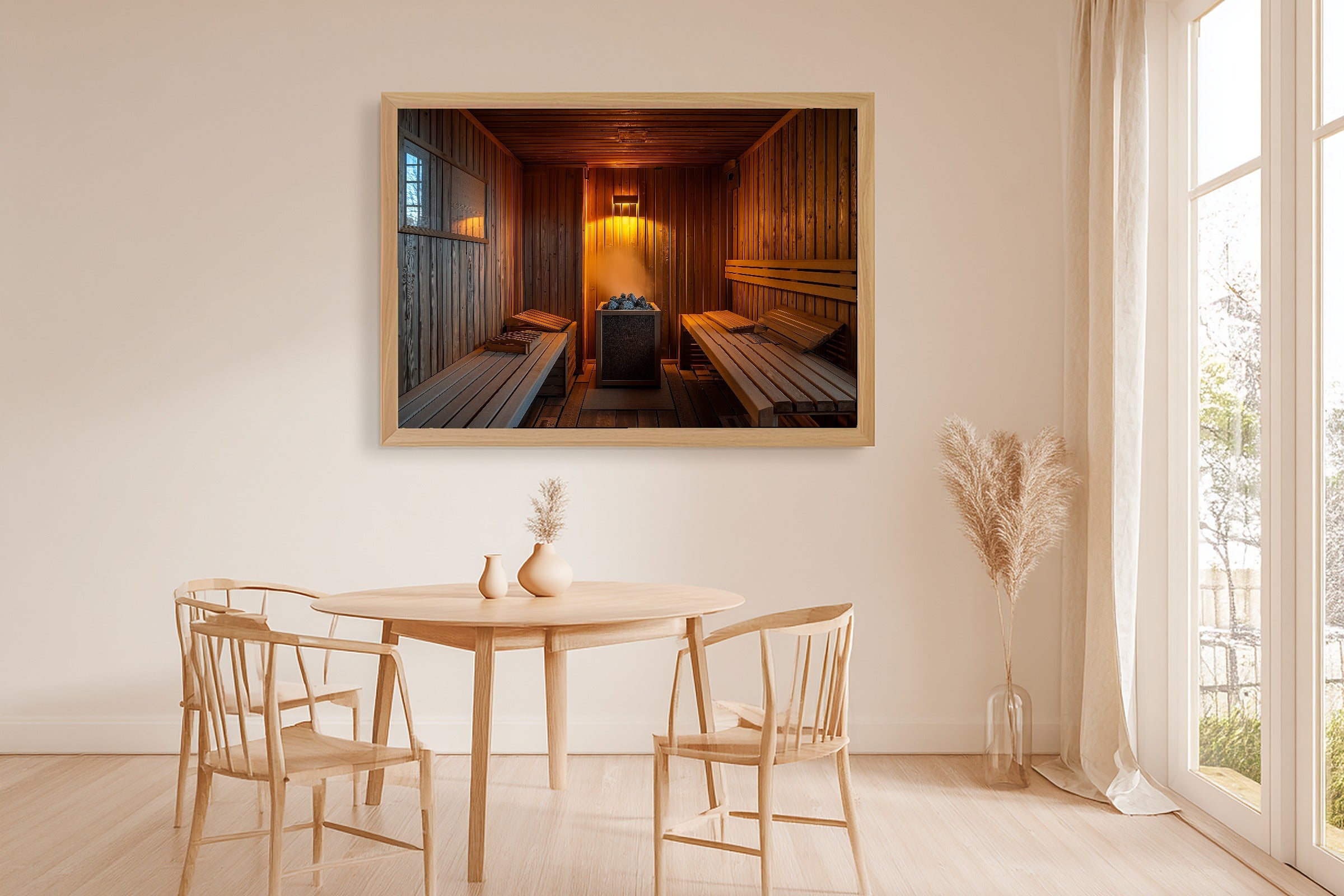 Cozy Studio Sauna Interior Warm Cedar Art Print — Timeless Decor for the Living Room, Stretched Canvas the Art Lover in Your Life Will Love — sauna-interior-warm-cedar-dining-room-wall-art.jpg