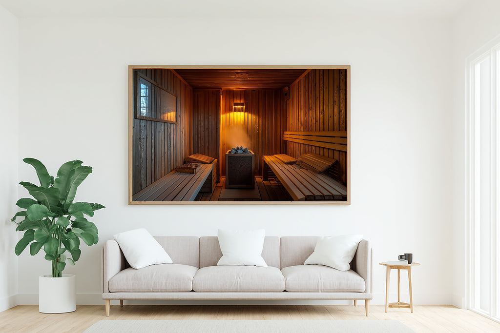 Cozy Studio Sauna Interior Warm Cedar Art Print — Timeless Decor for the Living Room, Stretched Canvas the Art Lover in Your Life Will Love — sauna-interior-warm-cedar-living-room-wall-art.jpg