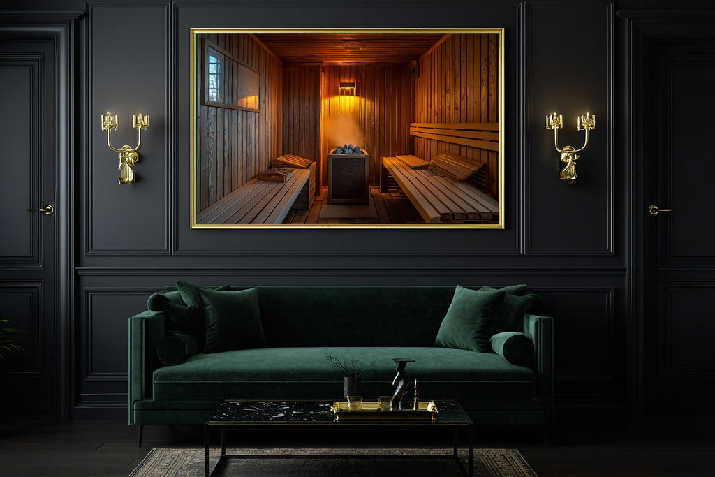 Cozy Studio Sauna Interior Warm Cedar Art Print — Timeless Decor for the Living Room, Stretched Canvas the Art Lover in Your Life Will Love — sauna-interior-warm-cedar-office-wall-art.jpg