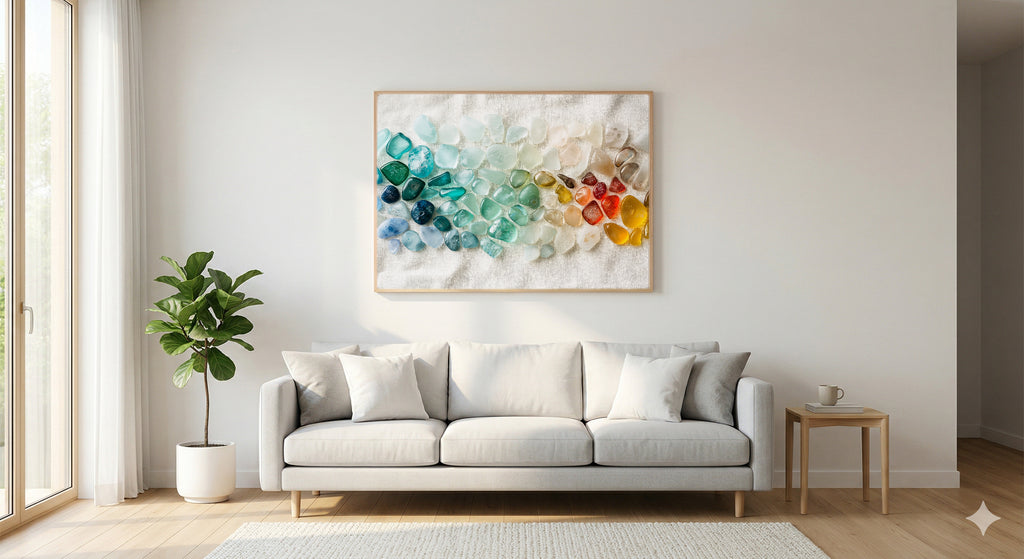 Sea Glass Canvas Wall Art | Color Spectrum Specimen Print, Coastal Grandma Beachcomber Decor, Stretched Canvas — sea-glass-color-spectrum-living-room-wall-art.jpg
