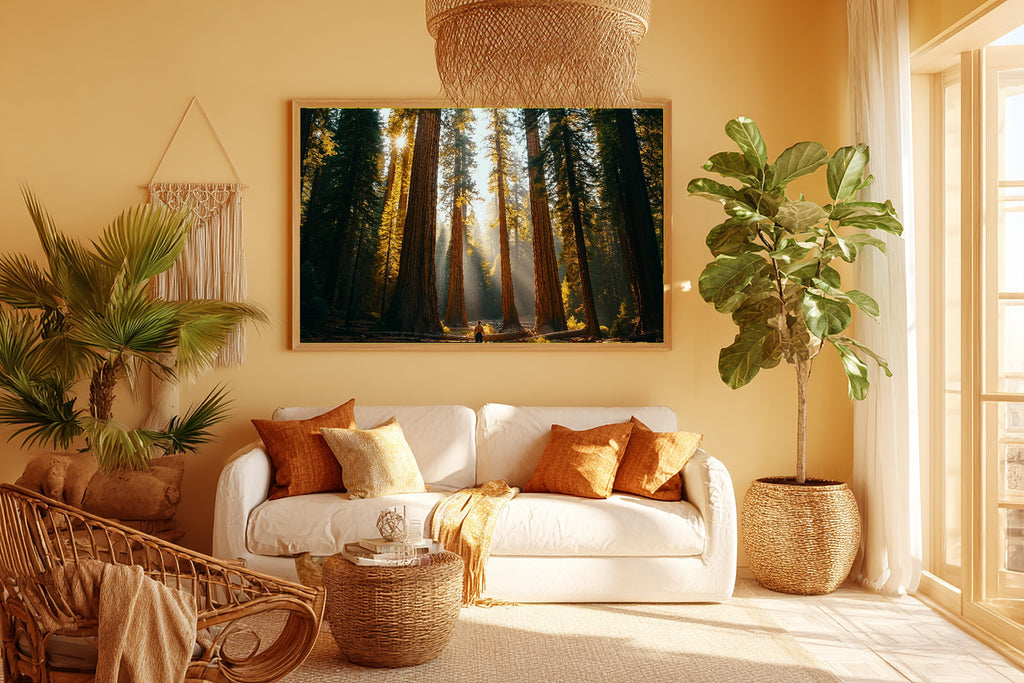 A Dreamy Sequoia Retro Poster Soft Painterly Print — Dreamy Wall Art for the Living Room, Giclée on Canvas — sequoia-retro-poster-room-5-wall-art.jpg