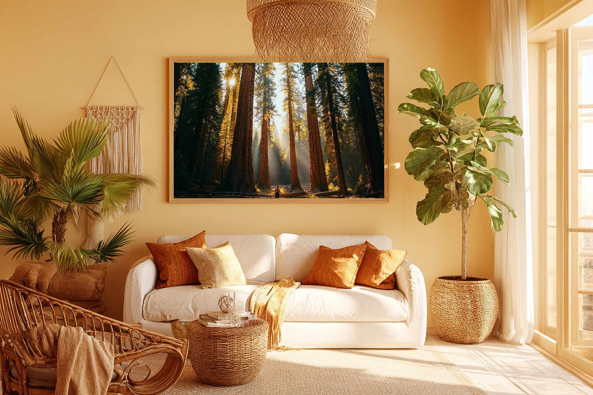 A Dreamy Sequoia Retro Poster Soft Painterly Print — Dreamy Wall Art for the Living Room, Giclée on Canvas — sequoia-retro-poster-room-5-wall-art.jpg