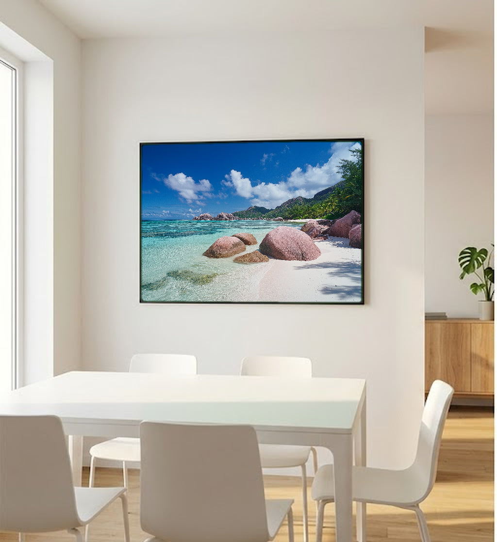 Seychelles Canvas Wall Art | Anse Source Beach Print, Tropical Paradise, Coastal Decor, Stretched Canvas — seychelles-anse-source-bedroom-wall-art.jpg