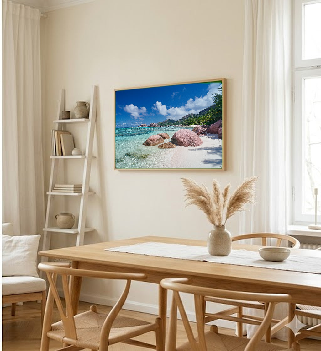 Seychelles Canvas Wall Art | Anse Source Beach Print, Tropical Paradise, Coastal Decor, Stretched Canvas — seychelles-anse-source-dining-room-wall-art.jpg