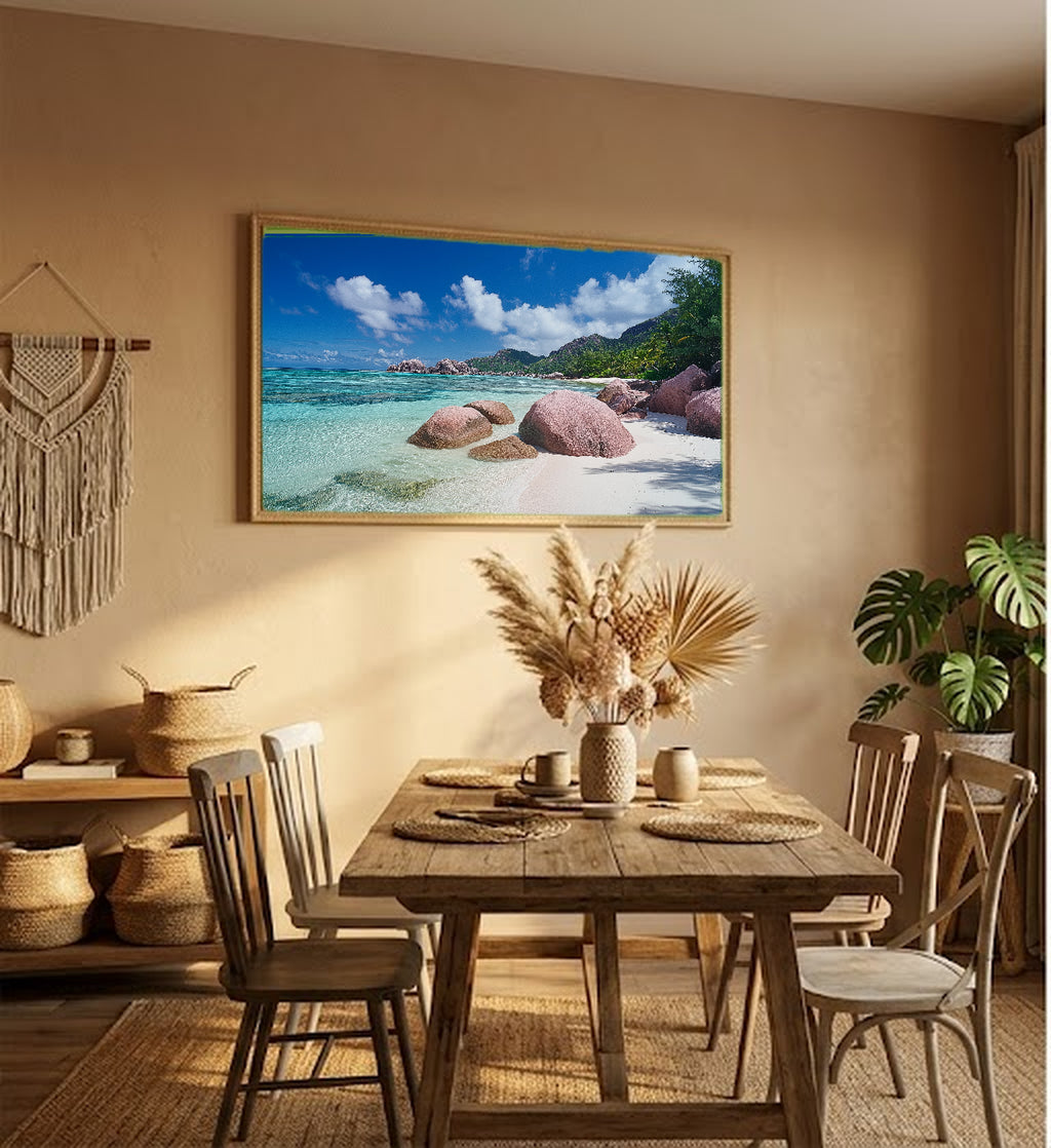 Seychelles Canvas Wall Art | Anse Source Beach Print, Tropical Paradise, Coastal Decor, Stretched Canvas — seychelles-anse-source-hallway-wall-art.jpg