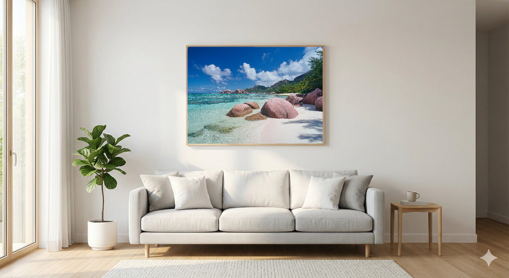 Seychelles Canvas Wall Art | Anse Source Beach Print, Tropical Paradise, Coastal Decor, Stretched Canvas — seychelles-anse-source-living-room-wall-art.jpg