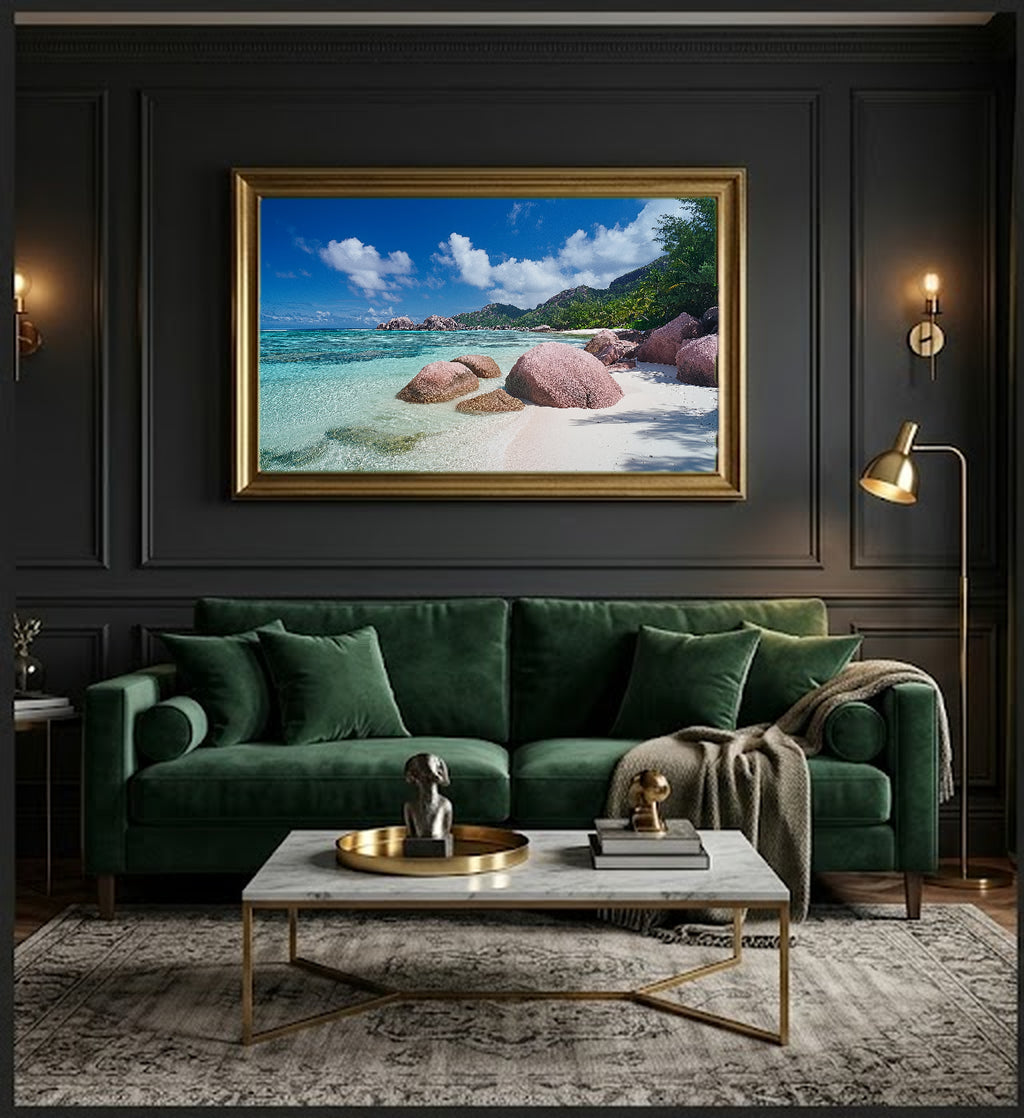 Seychelles Canvas Wall Art | Anse Source Beach Print, Tropical Paradise, Coastal Decor, Stretched Canvas — seychelles-anse-source-office-wall-art.jpg