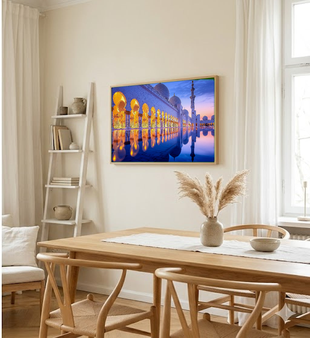 Grand Mosque Canvas Wall Art | White Marble Print, Abu Dhabi Architecture, Islamic Decor, Stretched Canvas — sheikh-zayed-mosque-dining-room-wall-art.jpg