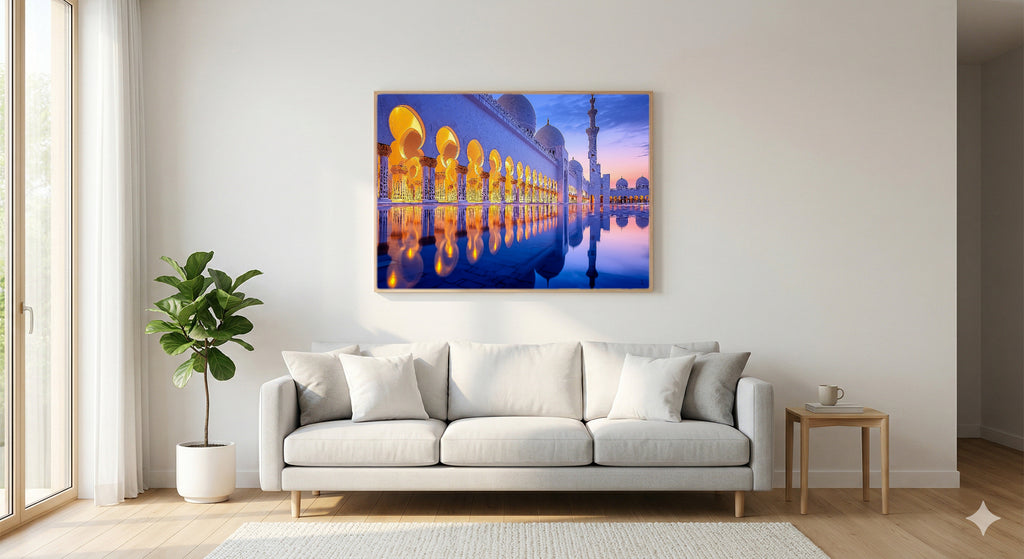 Grand Mosque Canvas Wall Art | White Marble Print, Abu Dhabi Architecture, Islamic Decor, Stretched Canvas — sheikh-zayed-mosque-living-room-wall-art.jpg